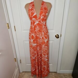Necessary Objects Halter Maxi Dress Orange Floral Hawaiian Print Size Small